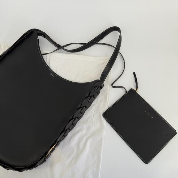 Chloe Darryl Hobo Bag Black Grained Leather Large Tote Shoulder With Pouch Auth - Picture 7 of 16